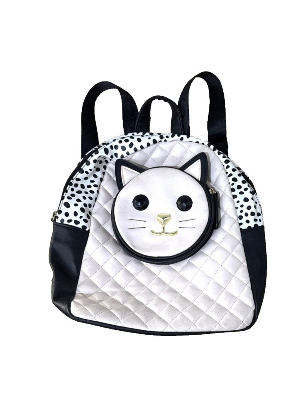 Luv Betsey Johnson French Pink Black White Kitty Cat Quilted Backpack Jewel Eyes